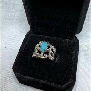 Aqua Stone Filigree Silver-tone Ring Size 6 in Gift box